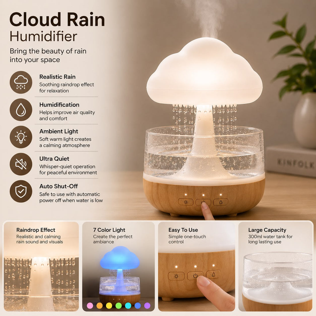 Cloud Rain Humidifier &amp; Essential Oil Diffuser with 7-Color LED Night Light